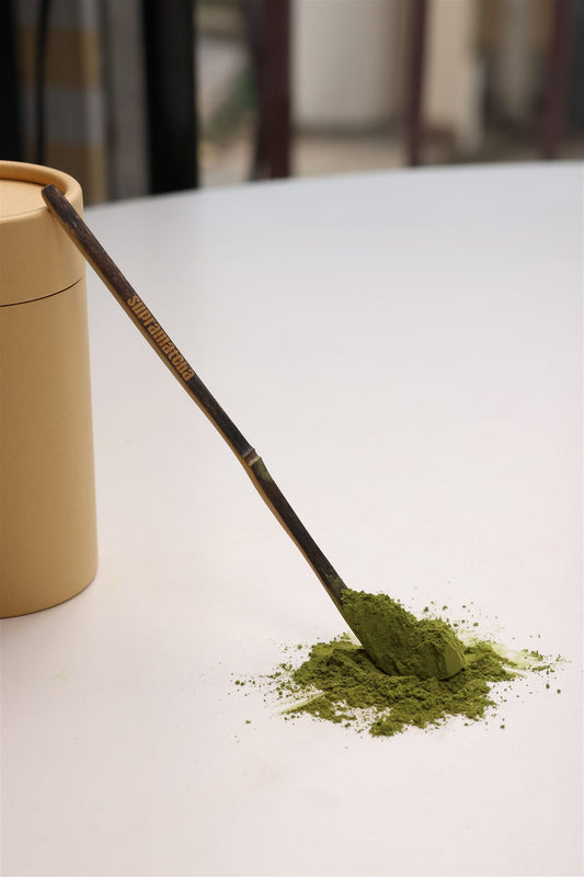 Poudre de matcha pure et cuillère chashaku — un matcha cultivé sans pesticides