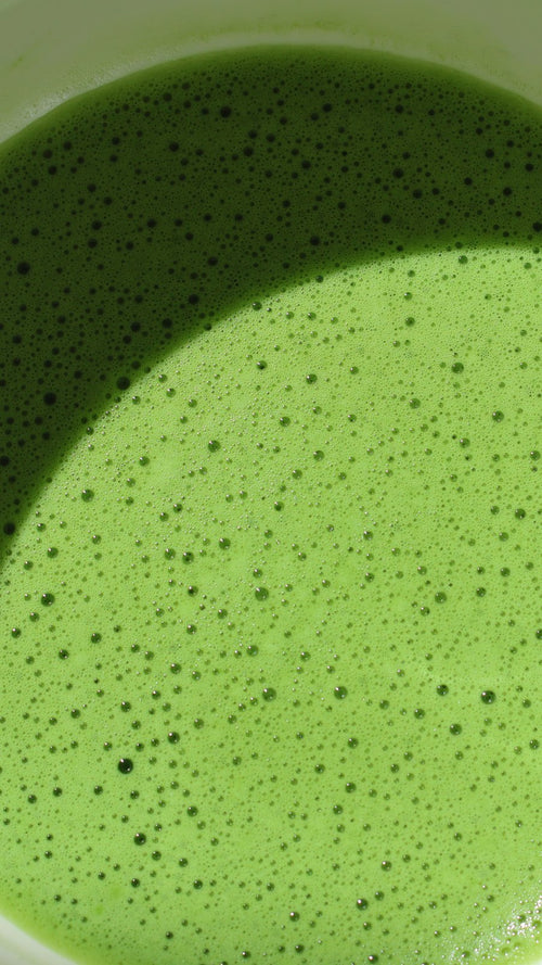 Mousse d'un matcha cérémonial Supramatcha dans un bol chawan